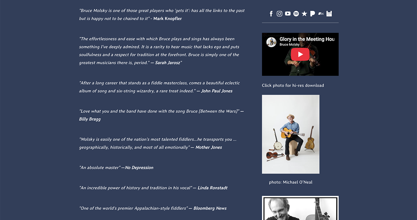 Bandzoogle blog: How to write an effective musician bio (with examples!). Image shows the biography of musician Bruce Molsky, on his Bandzoogle EPK.