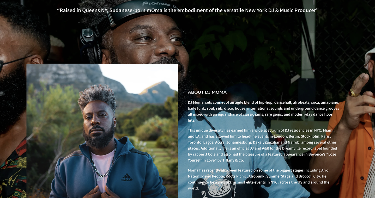 Bandzoogle blog: How to write an effective musician bio (with examples!). Image shows the biography of DJ Moma, on his Bandzoogle EPK.