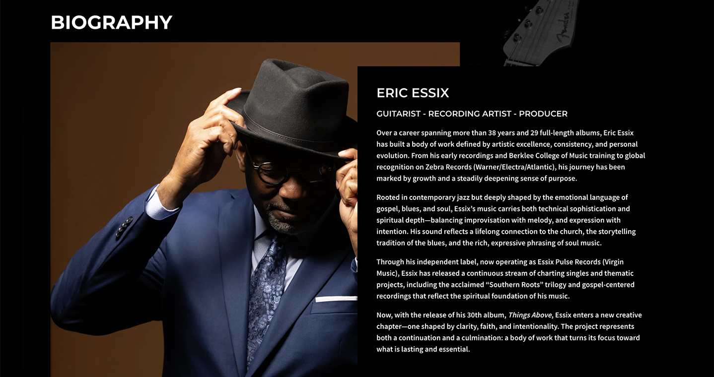 Bandzoogle blog: How to write an effective musician bio (with examples!). Image shows the biography of musician Eric Essix, on his Bandzoogle EPK.