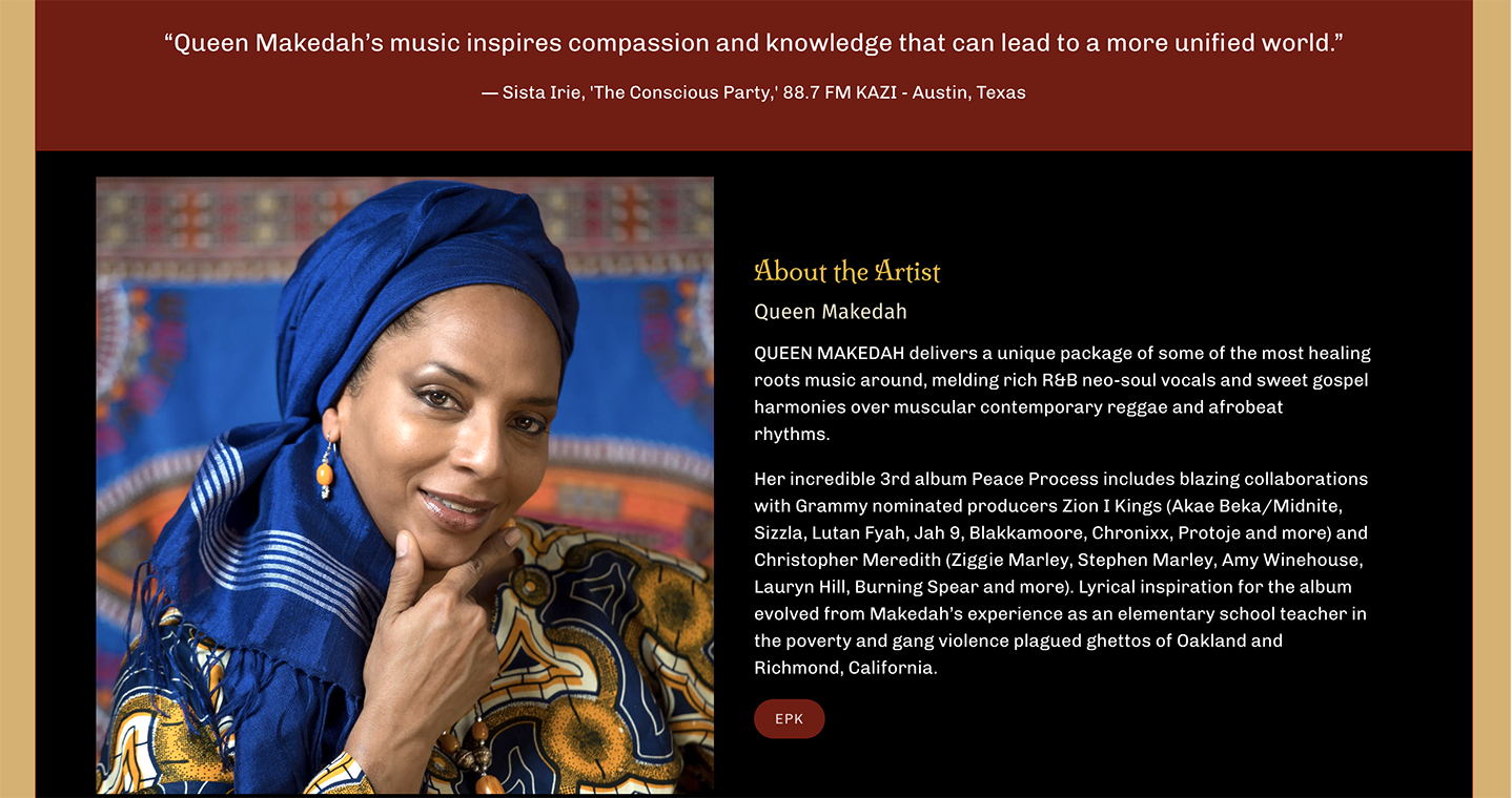 Bandzoogle blog: How to write an effective musician bio (with examples!). Image shows the biography of musician Queen Makedah, on her Bandzoogle EPK.