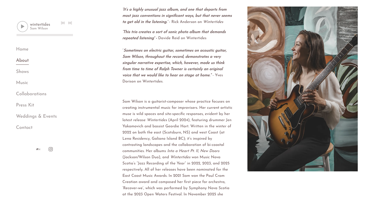 Bandzoogle blog: How to write an effective musician bio (with examples!). Image shows the biography of musician Sam Wilson, on her Bandzoogle EPK.